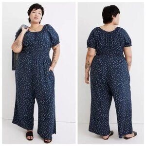 Madewell Navy Blue Printed Puff-Sleeve Jumpsuit